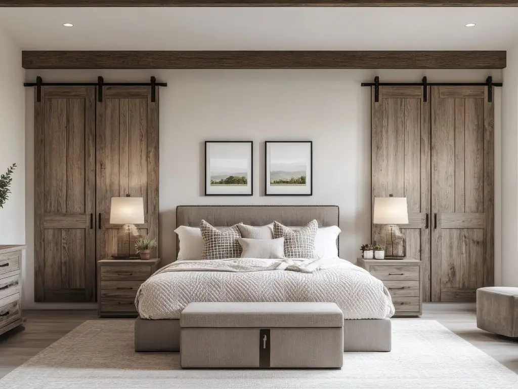 Cozy farmhouse bedroom fall decorating inspiration with warm earthy tones and rustic textures Farmhouse bedroom decorated for fall with cozy throws pillows and autumn colors Rustic farmhouse bedroom fall décor with pumpkins dried flowers and natural wood accents Cozy farmhouse bedroom fall inspiration with warm lighting and layered textiles